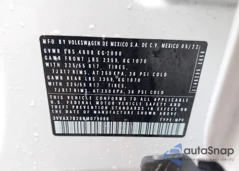 2022 Volkswagen Taos 1.5T S z USA, uszkodzony, nr VIN 3VVAX7B28NM079088